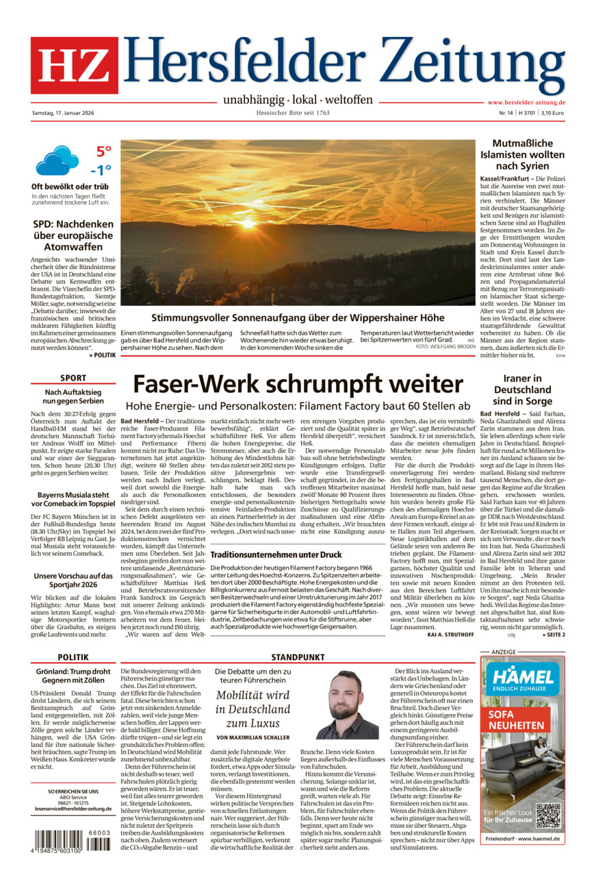 Hersfelder Zeitung vom Samstag, 17.01.2026
