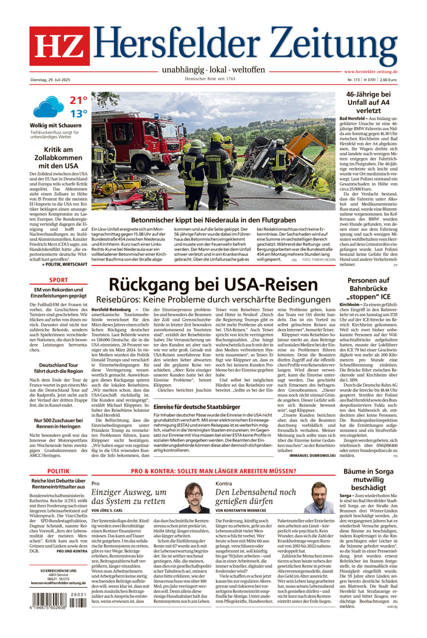 Hersfelder Zeitung vom Dienstag, 29.07.2025
