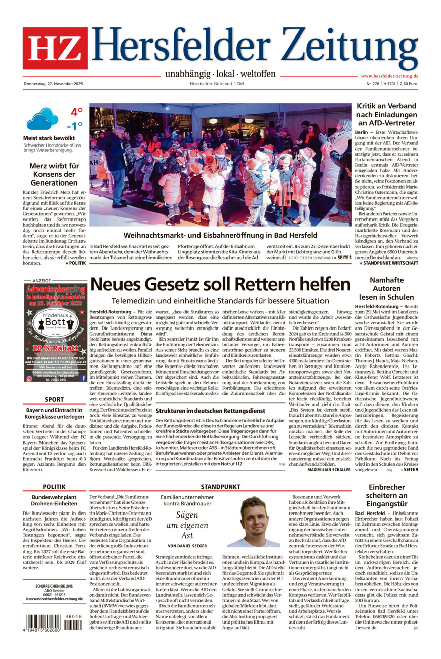 Hersfelder Zeitung vom Donnerstag, 27.11.2025