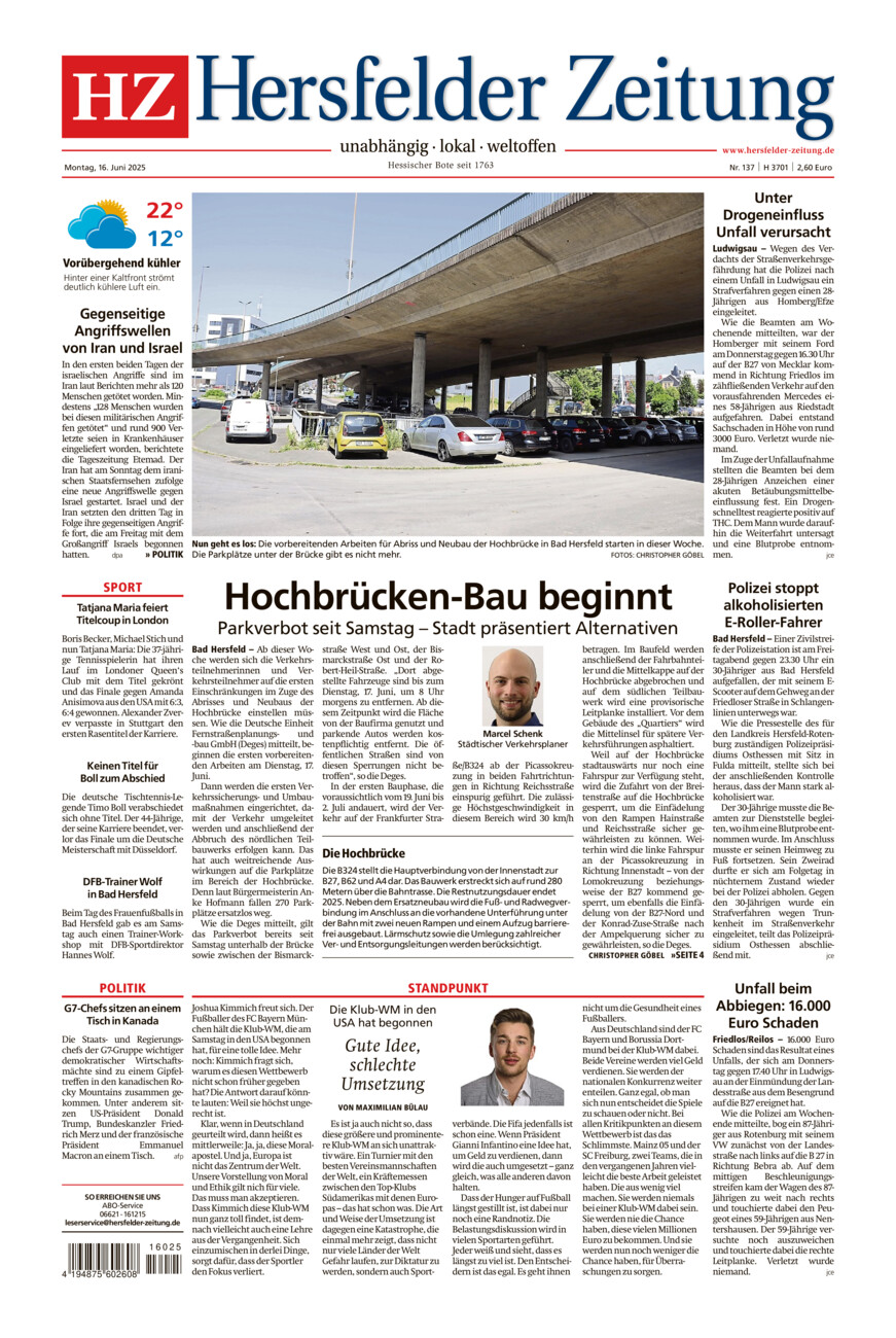 Hersfelder Zeitung vom Montag, 16.06.2025